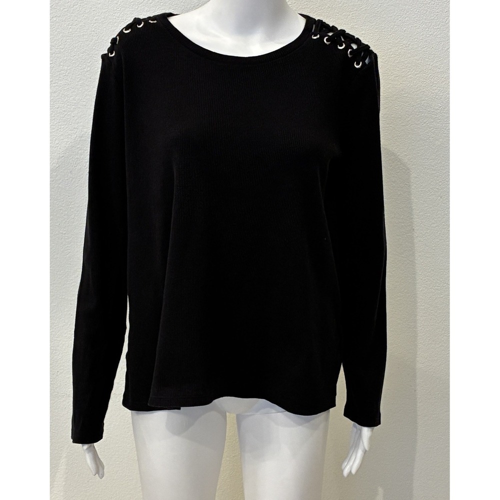 Michael Kors Womens Black Waffle Long Sleeve Top Size XL Silver Grommets & Laces